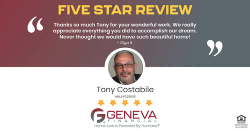 5 Star Review for Tony Costabile, Licensed Mortgage Loan Officer with Geneva Financial, Geneva, IL – Home Loans Powered by Humans®.