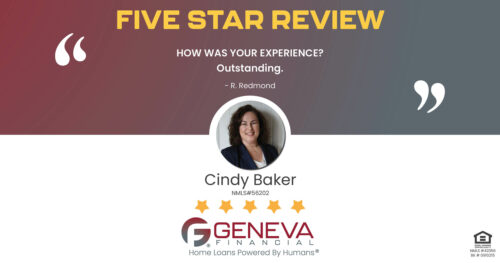 5 Star Review for Cindy Baker, Licensed Mortgage Loan Officer with Geneva Financial, Rising Sun, Indiana – Home Loans Powered by Humans®.