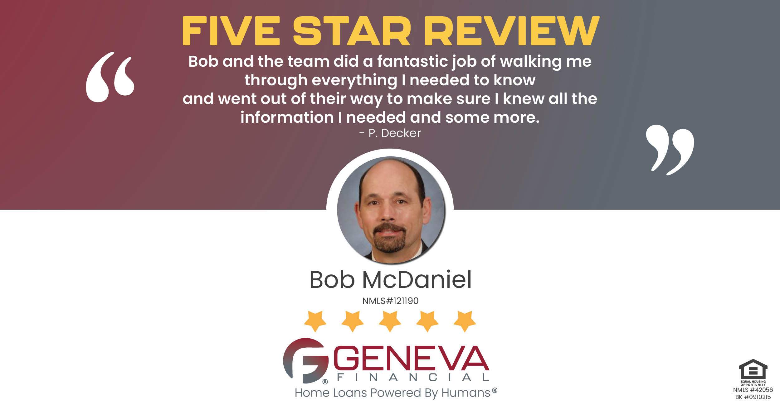 5 Star Review for Bob McDaniel, Licensed Mortgage Loan Officer with Geneva Financial, Portland, OR – Home Loans Powered by Humans®.