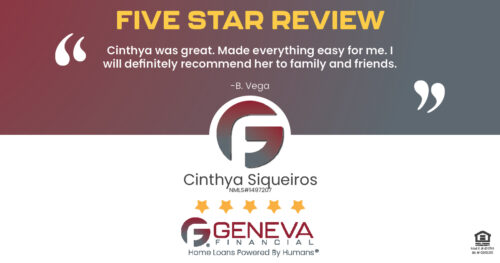 5 Star Review for Cinthya Siqueiros, Licensed Mortgage Loan Officer with Geneva Financial, Glendale, AZ – Home Loans Powered by Humans®.