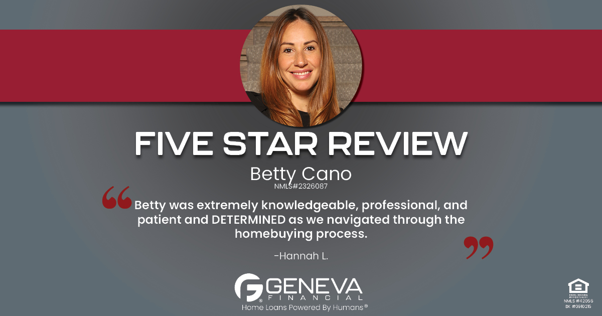 5 Star Review for Betty Cano, Licensed Mortgage Loan Officer with Geneva Financial, Illinois – Home Loans Powered by Humans®.