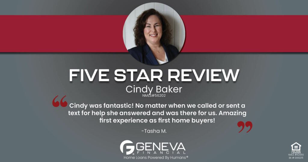 5 Star Review for Cindy Baker, Licensed Mortgage Loan Officer with Geneva Financial, Rising Sun, Indiana – Home Loans Powered by Humans®.