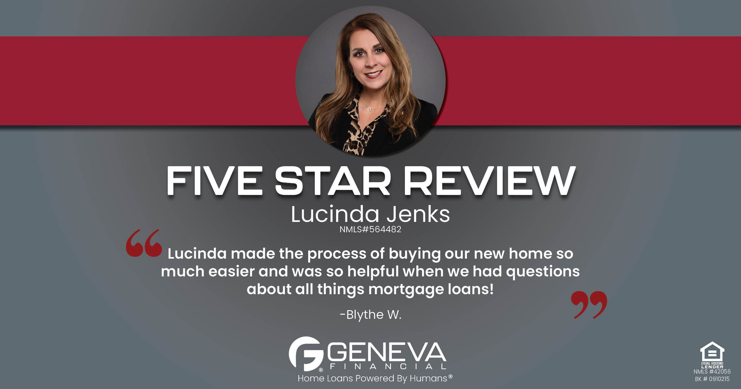 5 Star Review for Lucinda Jenks, Licensed Mortgage Loan Officer with Geneva Financial, Oklahoma – Home Loans Powered by Humans®.