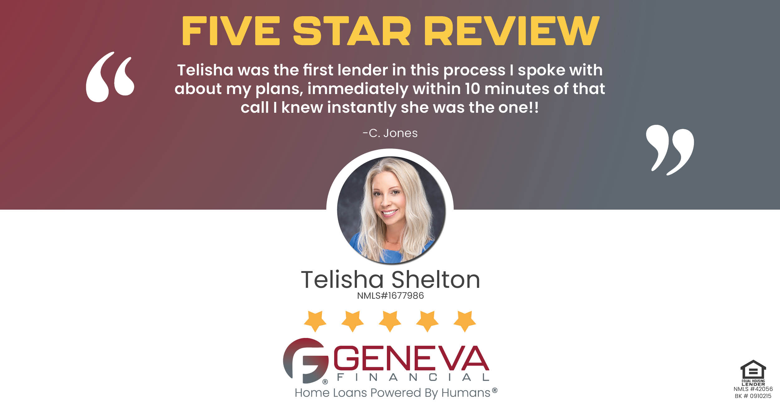 5 Star Review for Telisha Shelton, Licensed Mortgage Loan Officer with Geneva Financial, Tupelo, Mississippi – Home Loans Powered by Humans®.