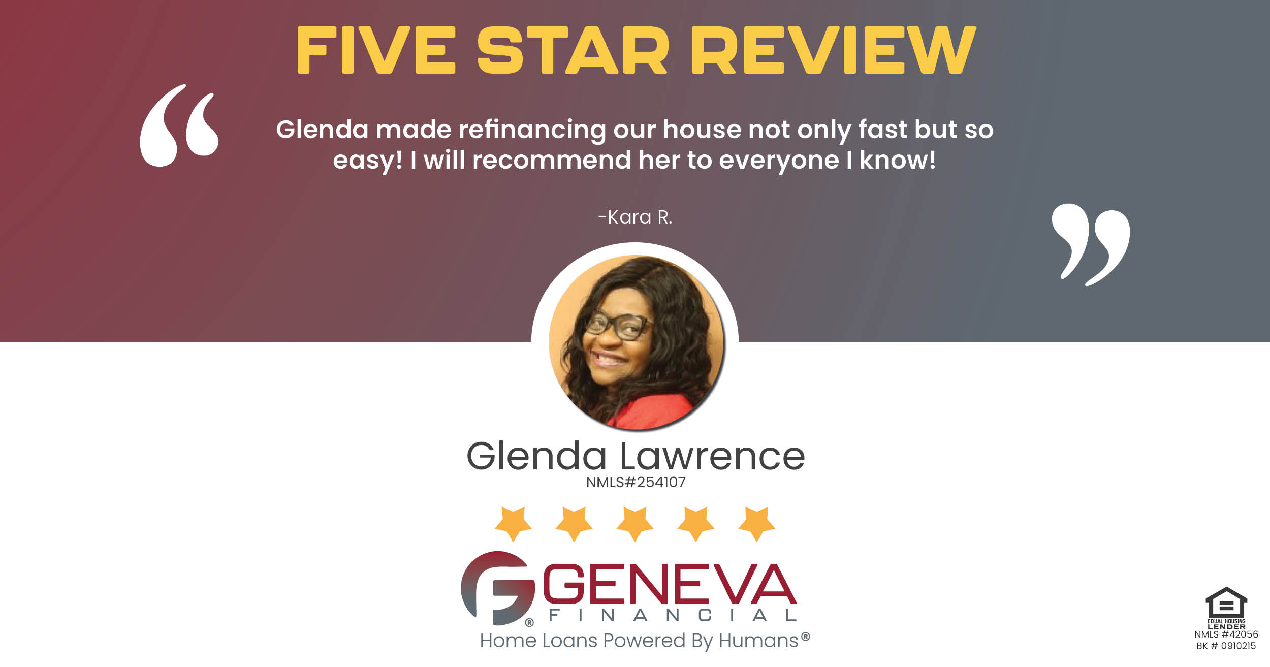 Outstanding Review for Glenda Lawrence, Mortgage Loan Officer with Geneva Financial, California – Home Loans Powered by Humans®.