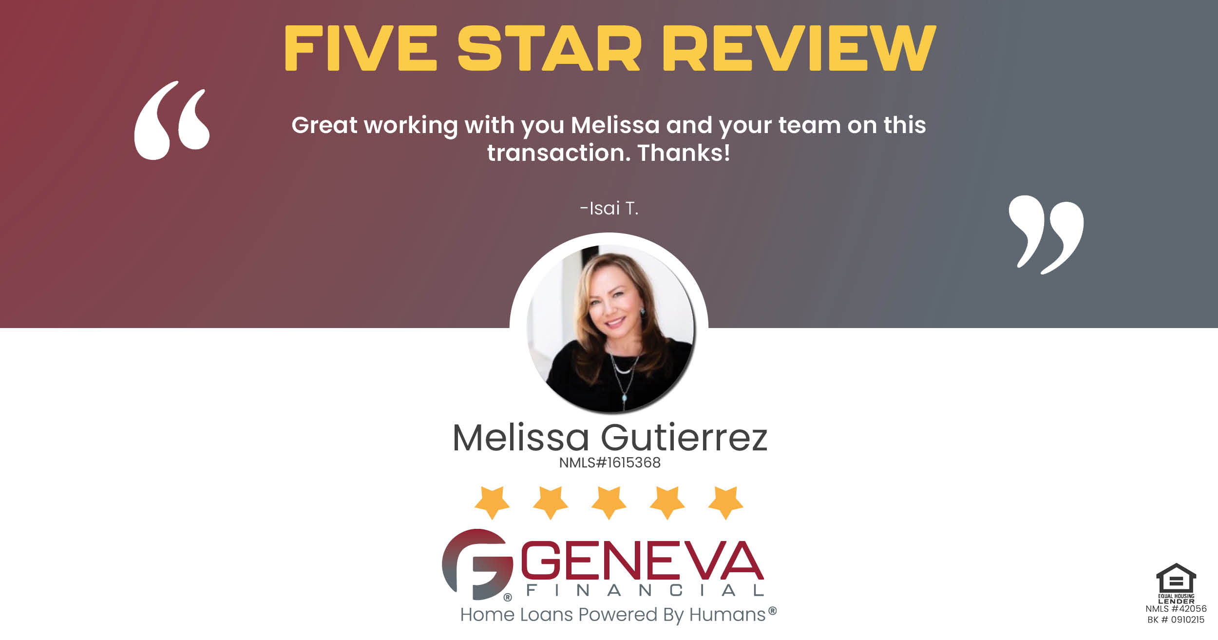 5 Star Review for Melissa Gutierrez, Licensed Mortgage Loan Officer with Geneva Financial, Glendale, AZ – Home Loans Powered by Humans®.