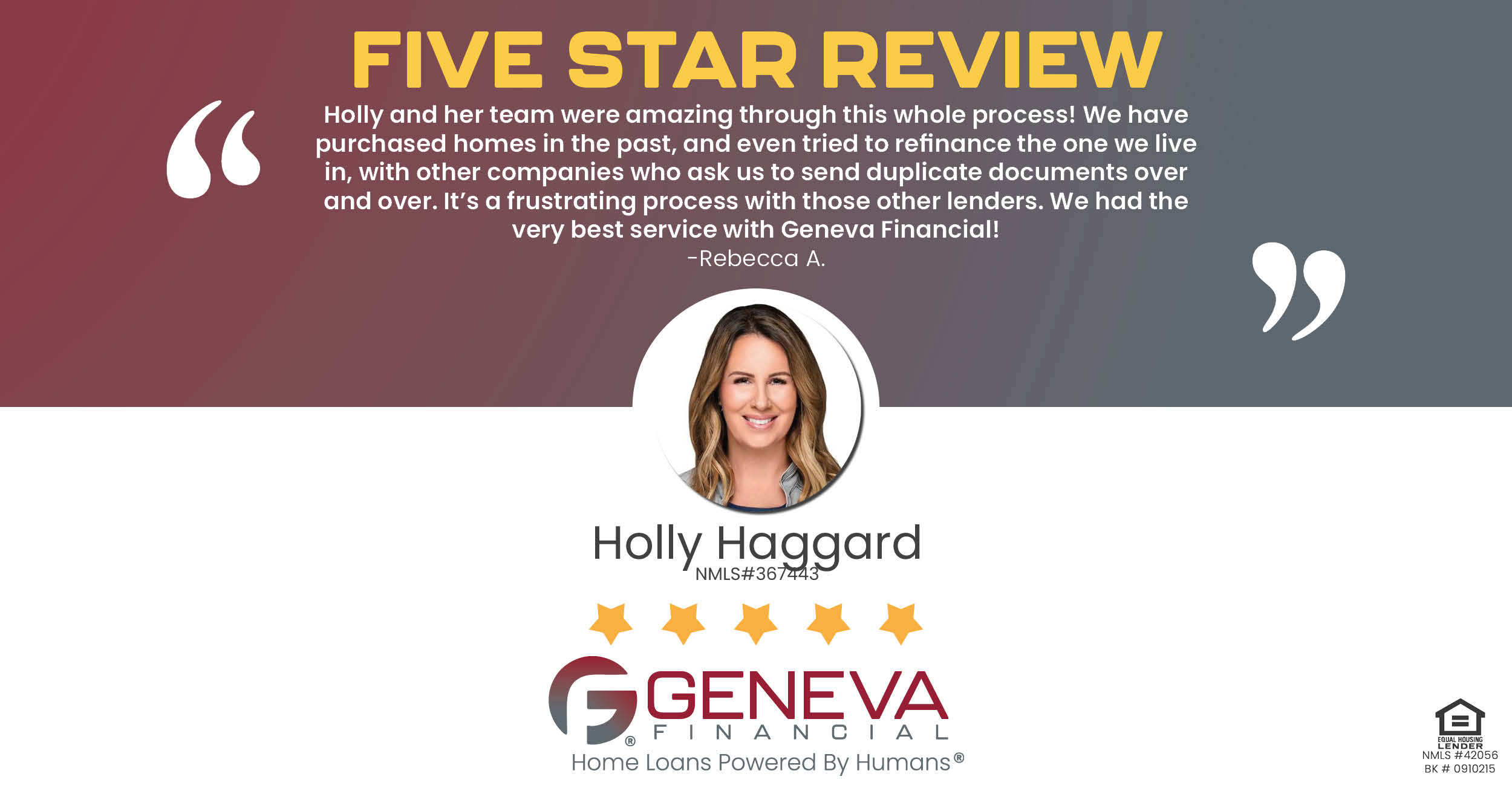 5 Star Review for Holly Haggard, Licensed Mortgage Loan Officer with Geneva Financial, Texas – Home Loans Powered by Humans®.