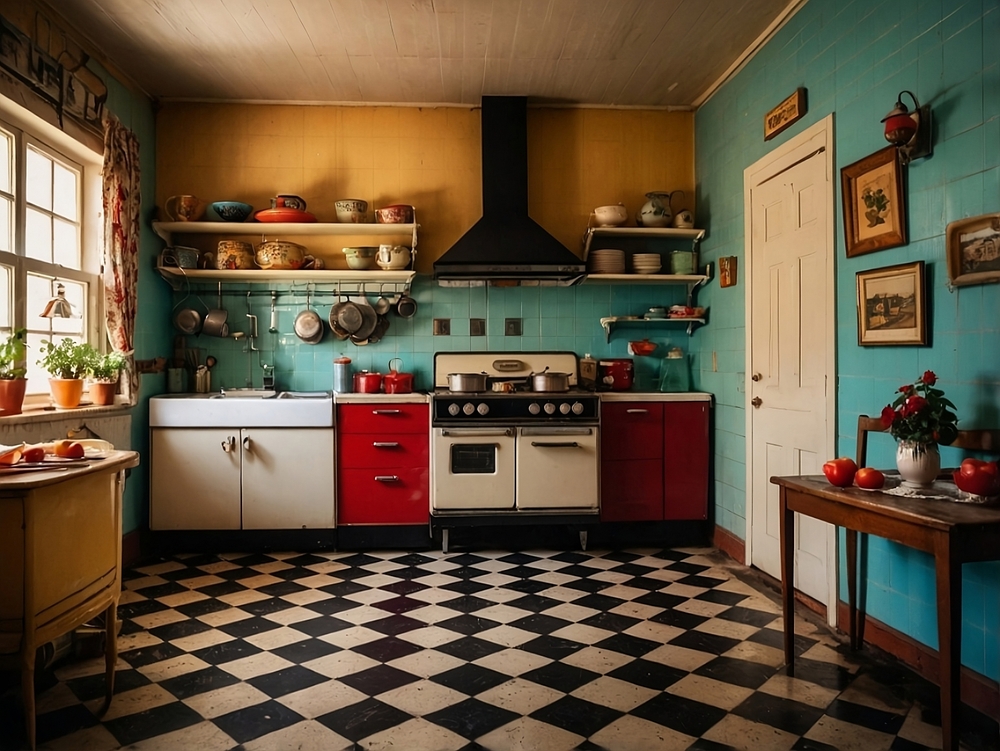 kitchen with checkerboard flooring