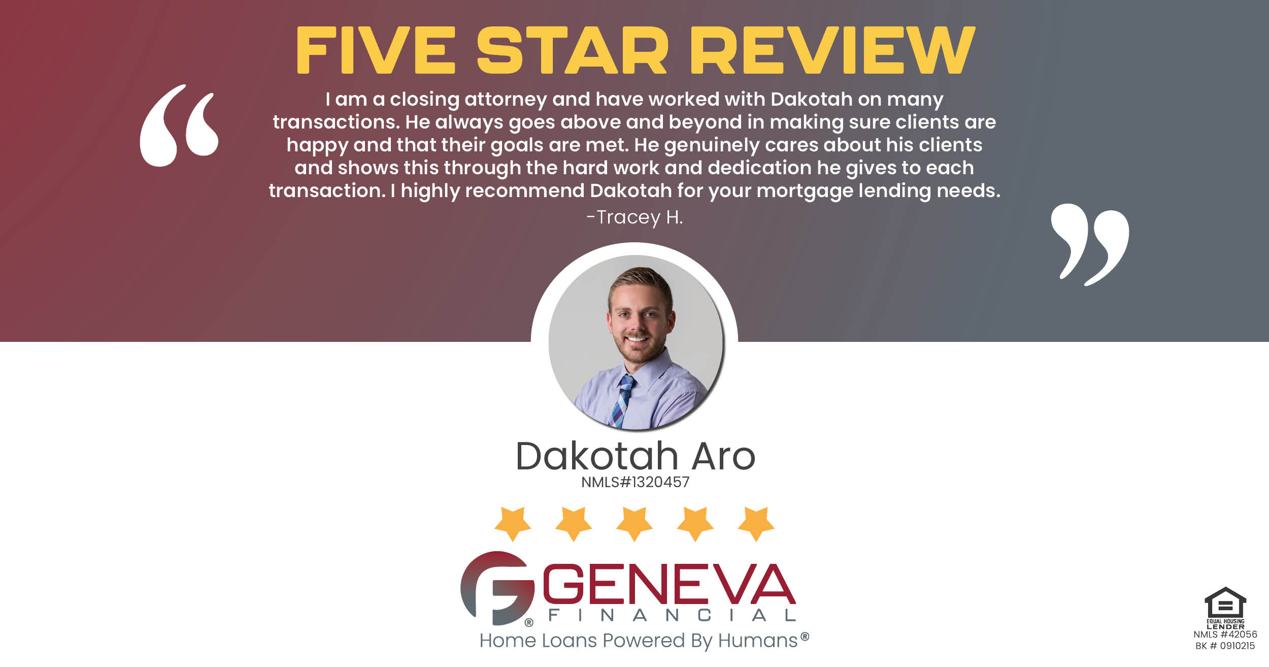 5 Star Review for Dakotah Aro, Licensed Mortgage loan officer with Geneva Financial, New Hampshire – Home Loans Powered by Humans®.