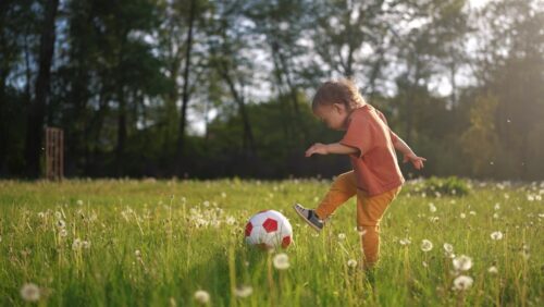 kid are playing ball on court. happy family kid dream concept. Toddler playing ball park. child son in an orange T-shirt playing ball on green lifestyle grass in the park in summer